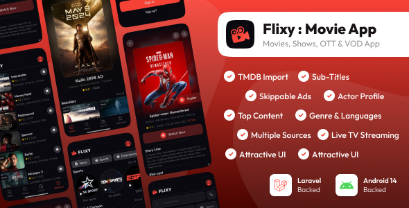 Flixy – Movie App Series,Live TV, Video Streaming App, Netflix Clone : Android/Laravel (26 February 2025)