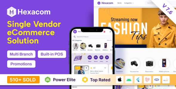 Hexacom v7.6 – single vendor eCommerce App with Website, Admin Panel and Delivery boy app Nulled
