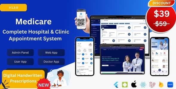 Medicare v1.3.0 – Hospital & Clinic Management and Appointment System with Admin, Web, User, and Doctor Apps