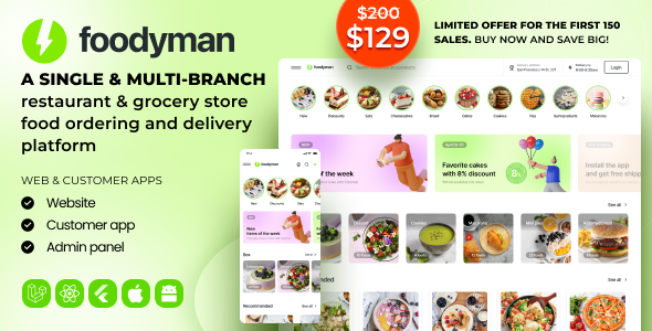 Foodyman v2025-04 – Single (Multi-Branch) Restaurant & Grocery Food Ordering & Delivery Platform