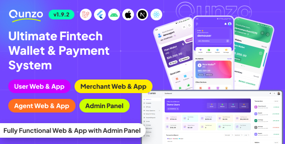Qunzo v1.9.2 - Fintech Wallet App and Web with User, Agent and Merchant Modules Including Admin Panel